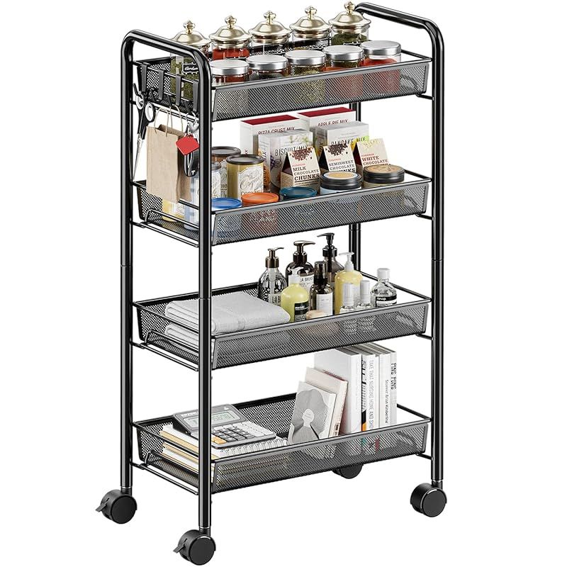 EKNITEY キッチンワゴン ワゴン キャスター付き 4段 キッチン棚 隙間収納 多機能 キッチン 洗面所 浴室用 洗濯機 幅26.5×奥行45.5×高さ84.5cm ブラック 1