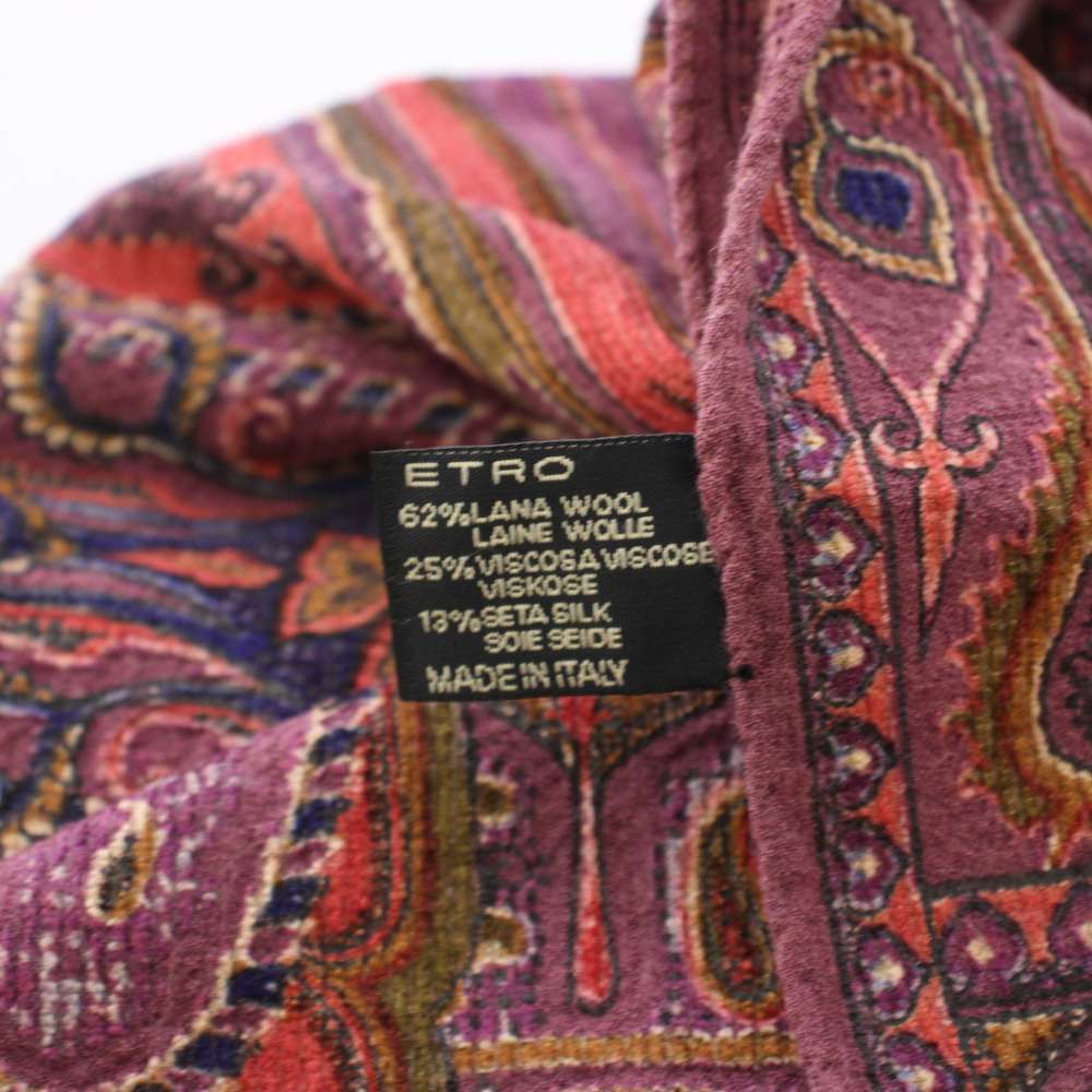 エトロ ETRO ストール フリンジ 総柄 ペイズリー柄 ウール シルク混 紫