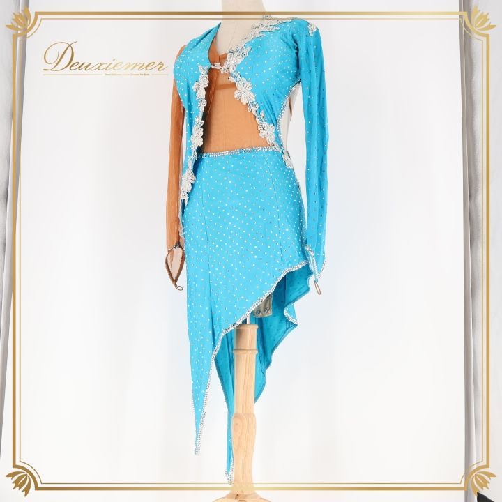 社交ダンス 衣装 ラテン ドレス ワンピース 水色 デモ 競技 ダンス