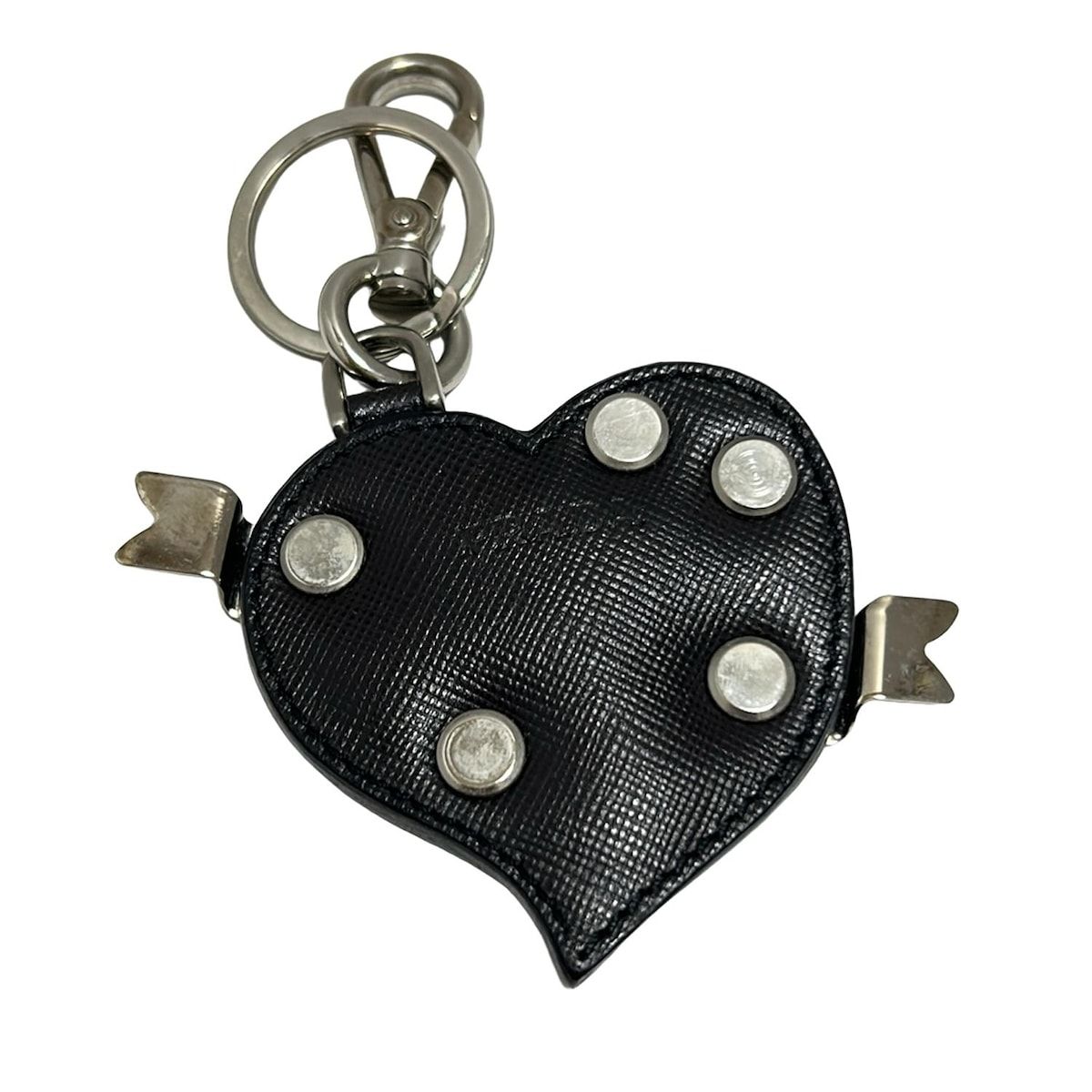 PRADA(プラダ) キーホルダー(チャーム)美品 黒×シルバー ハート レザー