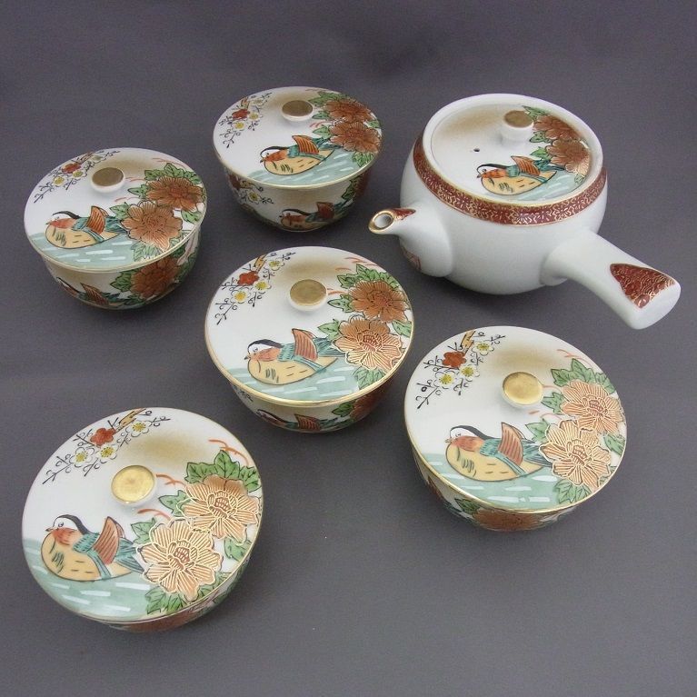 高峰作 九谷焼 蓋付茶器揃（おしどり）