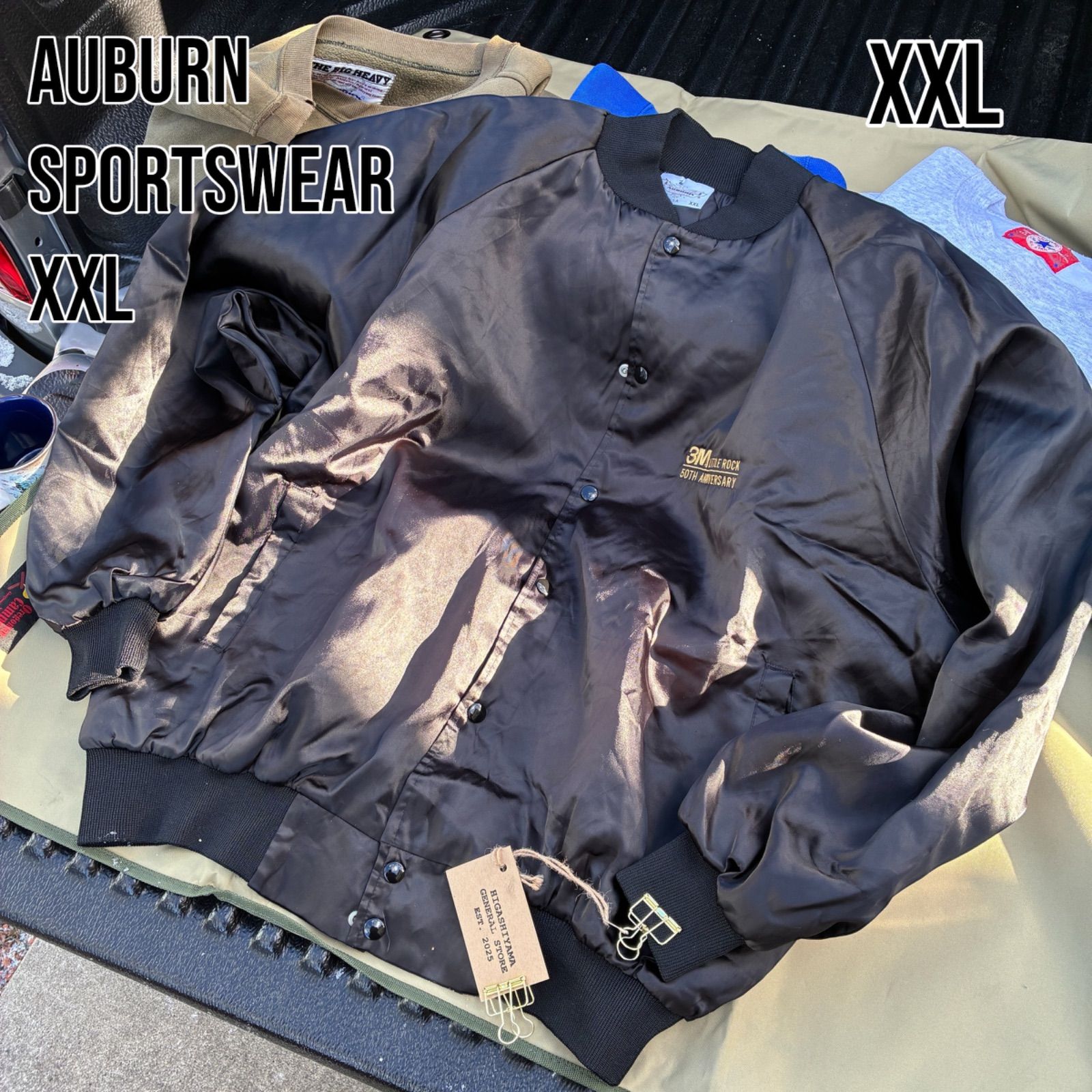 USA製 Auburn スタジャン 黒 XXL 3M企業刺繍 サテン 幅広短丈 90s