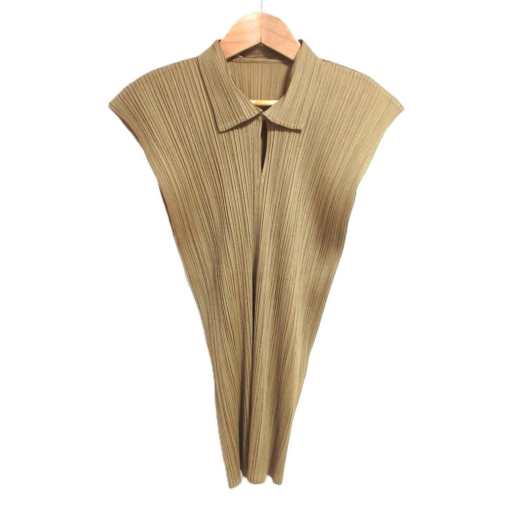 美品 ISSEY MIYAKE イッセイミヤケ プリーツ ポロシャツ ブラウス PP05-JK605 Mサイズ ベージュ レディース 古着 中古 USED