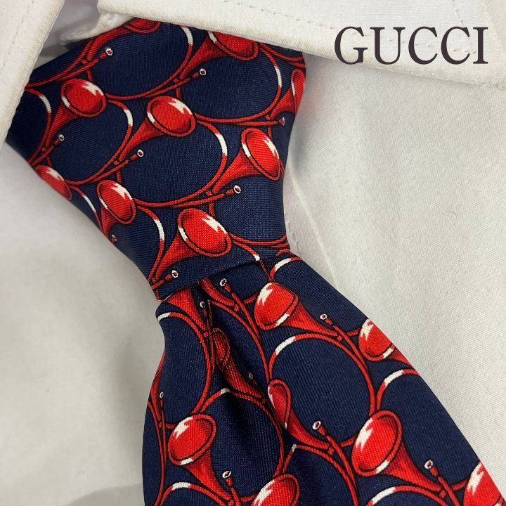 美品》GUCCI (グッチ) シルクネクタイ イタリア製 総柄 ホルン 楽器