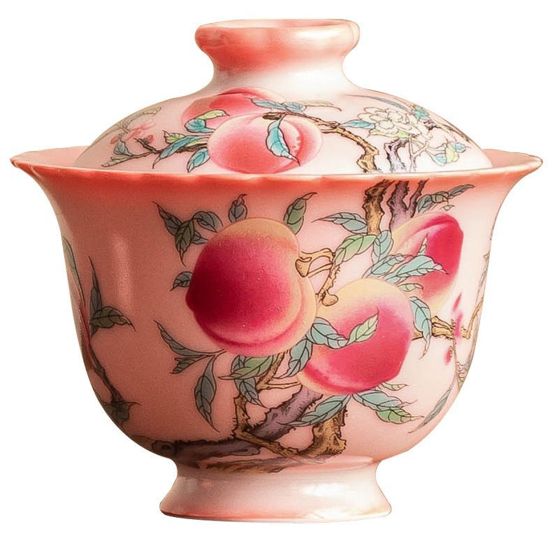 新品未使用 ピンク 汝窯 粉彩 九桃 蓋碗 陶磁器 ティーカップ 家庭用