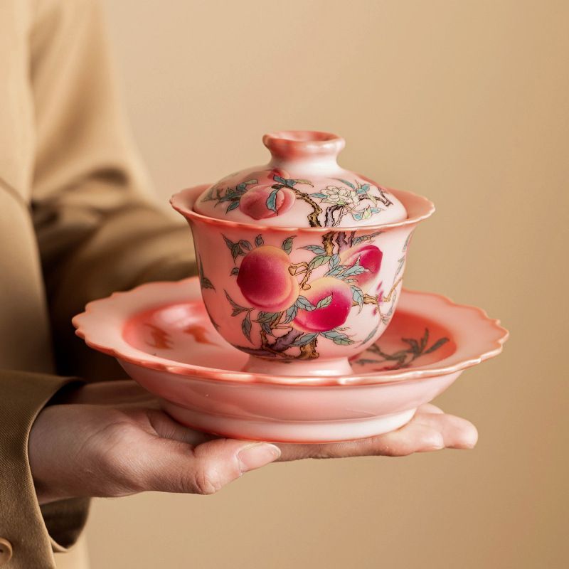 新品未使用 ピンク 汝窯 粉彩 九桃 蓋碗 陶磁器 ティーカップ 家庭用