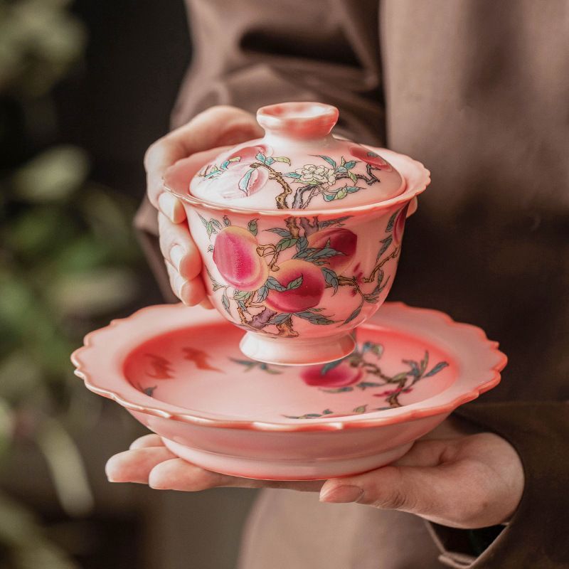 新品未使用 ピンク 汝窯 粉彩 九桃 蓋碗 陶磁器 ティーカップ 家庭用