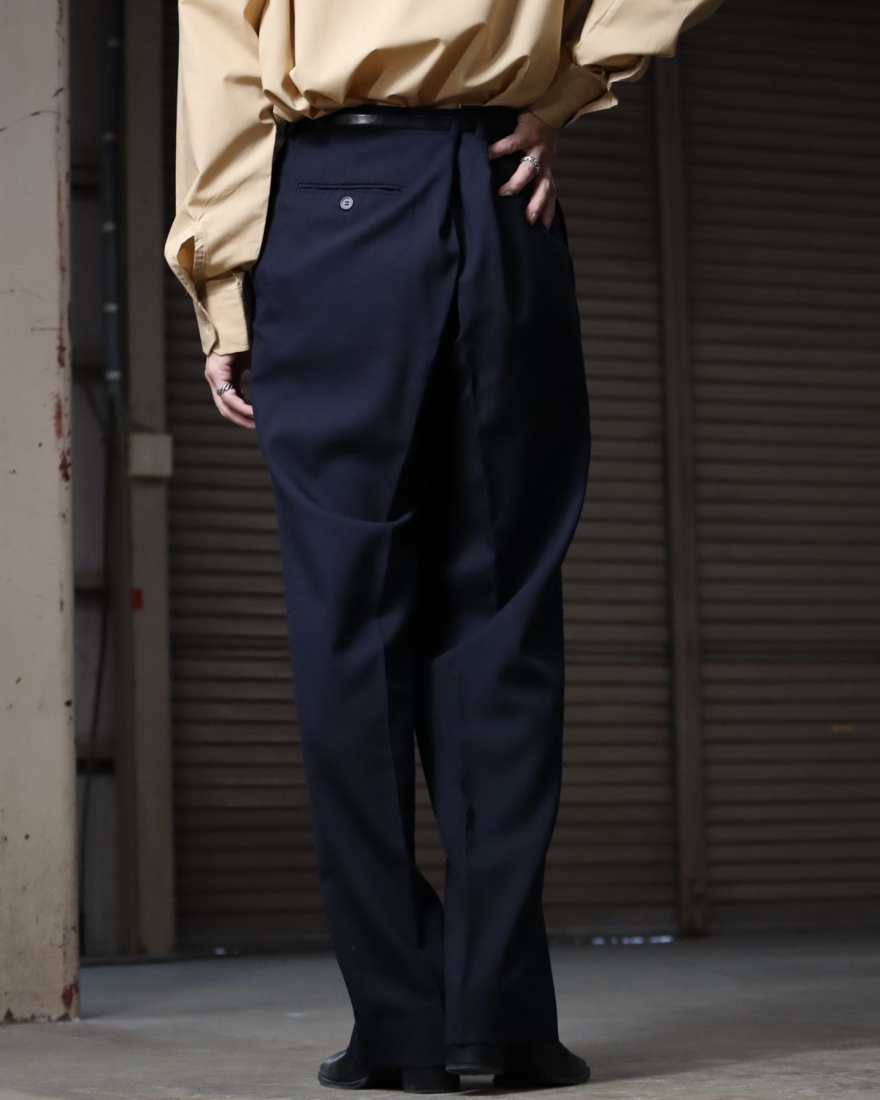 1980s- 2tuck wide-straight slacks navy 80s 90s vintage 2タック
