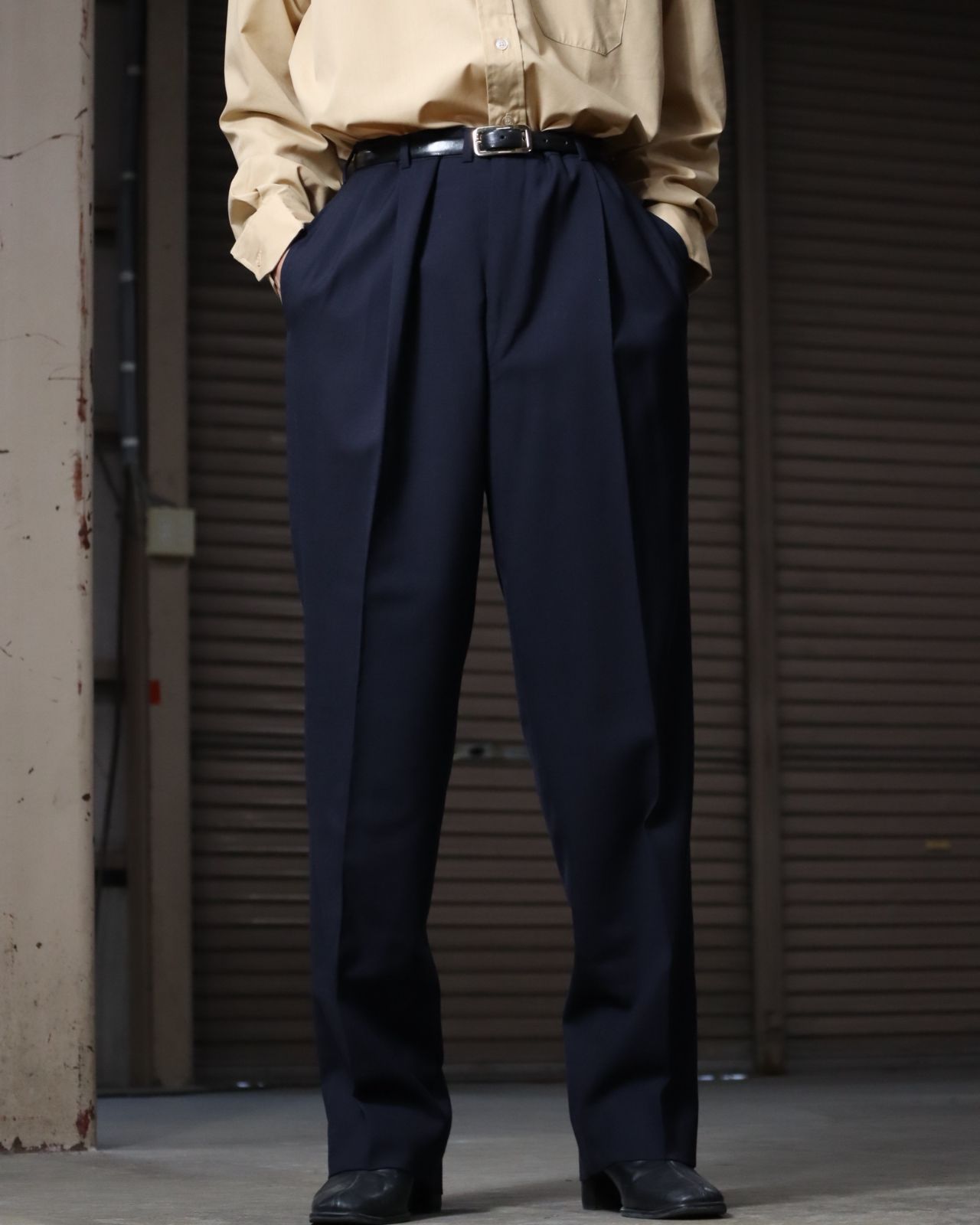1980s- 2tuck wide-straight slacks navy 80s 90s vintage 2タック