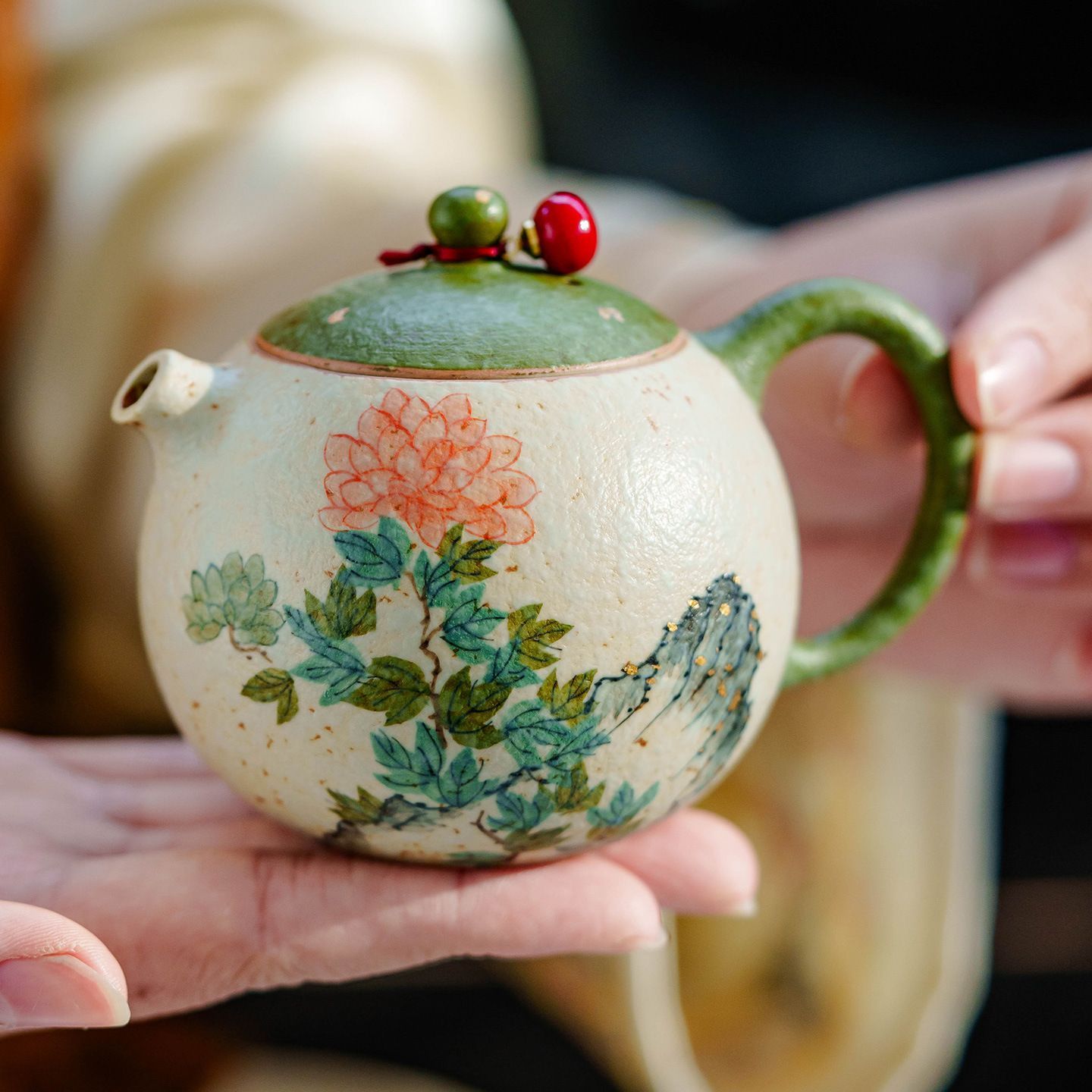 新品未使用 青花火石 茶碗 お茶入れ 家用 陶磁器 金彩 清韻 霞菊 茶海