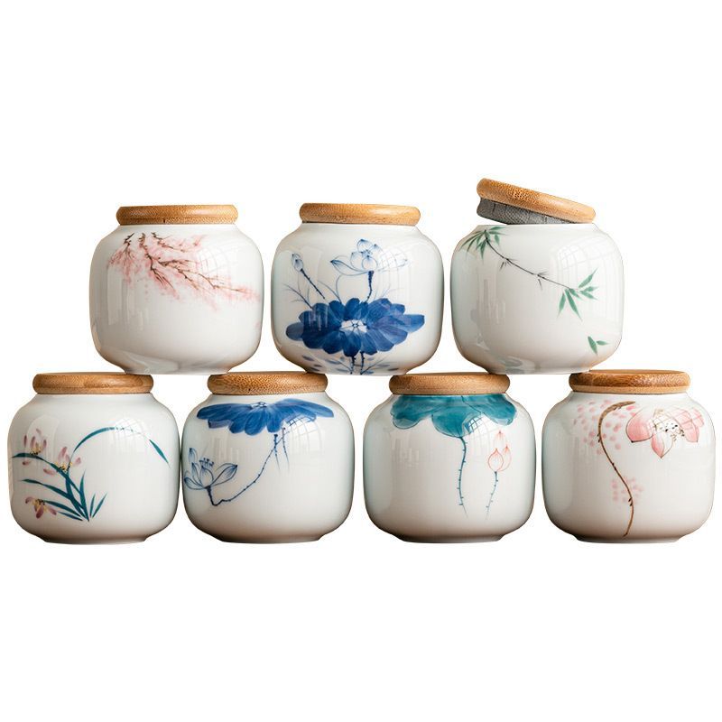 新品未使用 花模様小型三元茶葉缶 空缶 中国風小型陶器茶罐 密閉缶