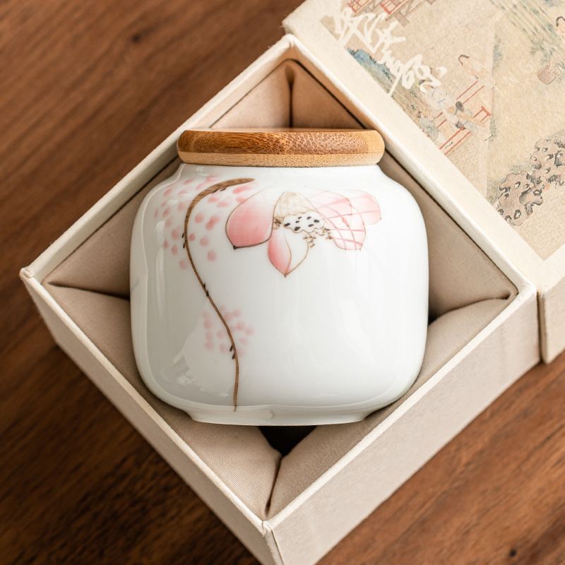 新品未使用 中国 茶葉入れ 鉄瓶 花 新品未使用 花模様小型三元茶葉缶 空缶 中国風小型陶器茶罐 密閉缶