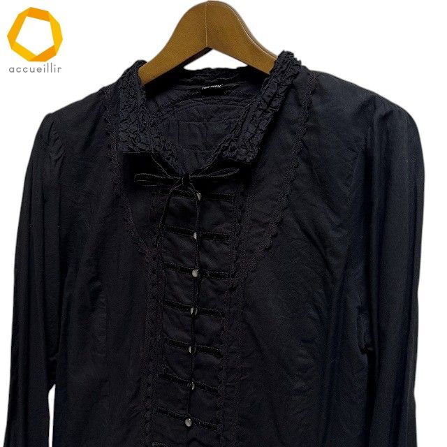 専用【極美品】ピンクハウス　ブラウス　ピコフリル　リボン　レース　ブラック a ピンクハウス PINKHOUSE シャツ・ブラウス 黒 スタンドカラー リボン