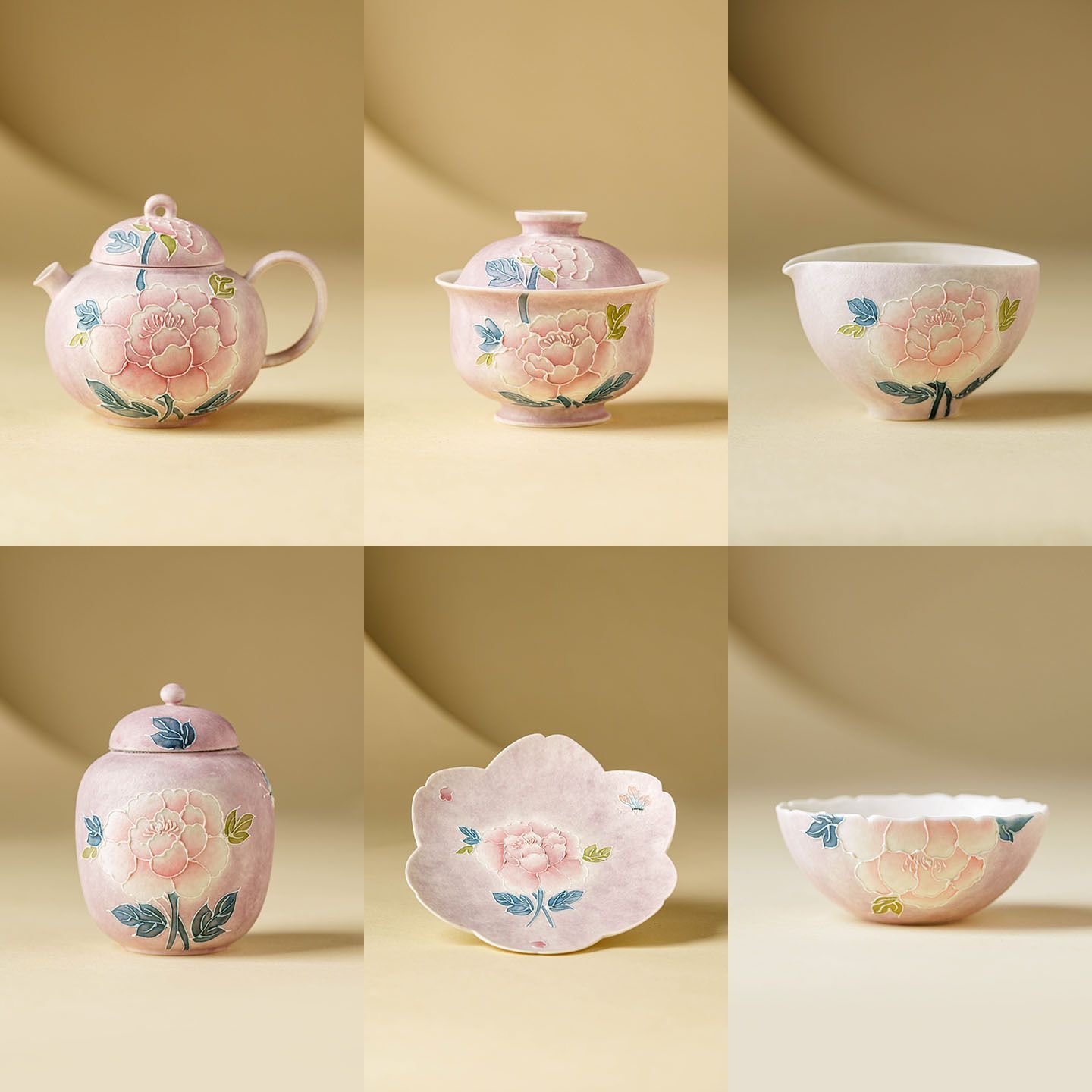 新品未使用 堆彫牡丹蝶花模様湯呑みセット 陶器お茶器 オーナーカップ