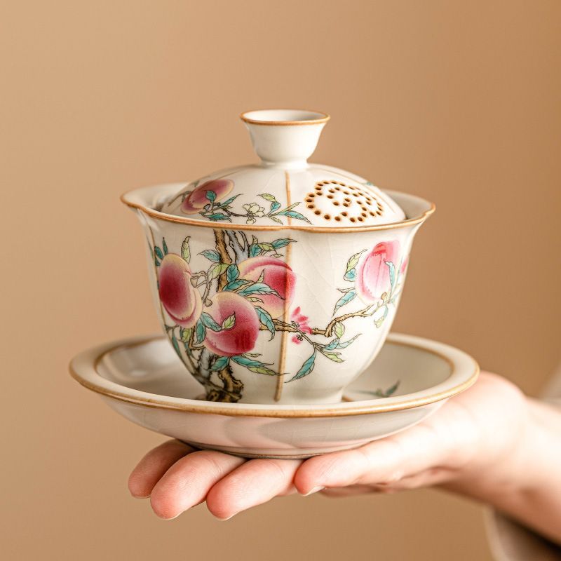 新品未使用 汝窯 粉彩九桃 三才 蓋碗 茶道具 1 個 高級 茶碗 蓋付き