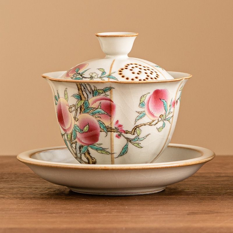 新品未使用 汝窯 粉彩九桃 三才 蓋碗 茶道具 1 個 高級 茶碗 蓋付き