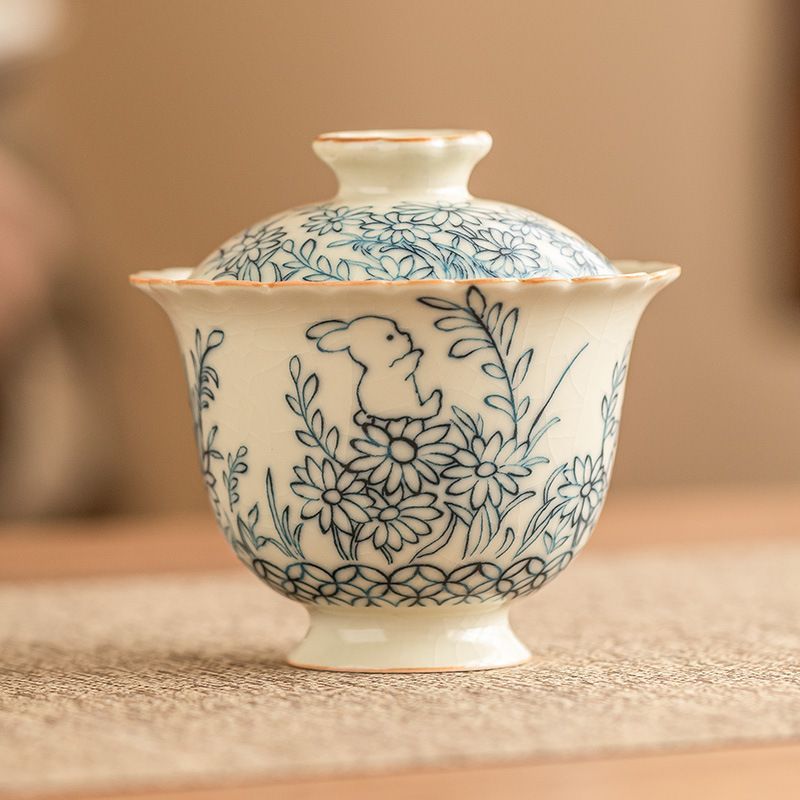 新品未使用 向 花 可愛い兎 二才 蓋碗 お茶入れ 碗 中式 高級 功夫茶