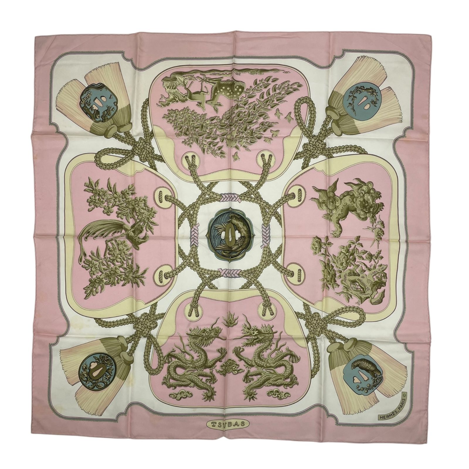 HERMES エルメス スカーフ カレ90 シルク100％ TSUBAS 鍔 ピンク