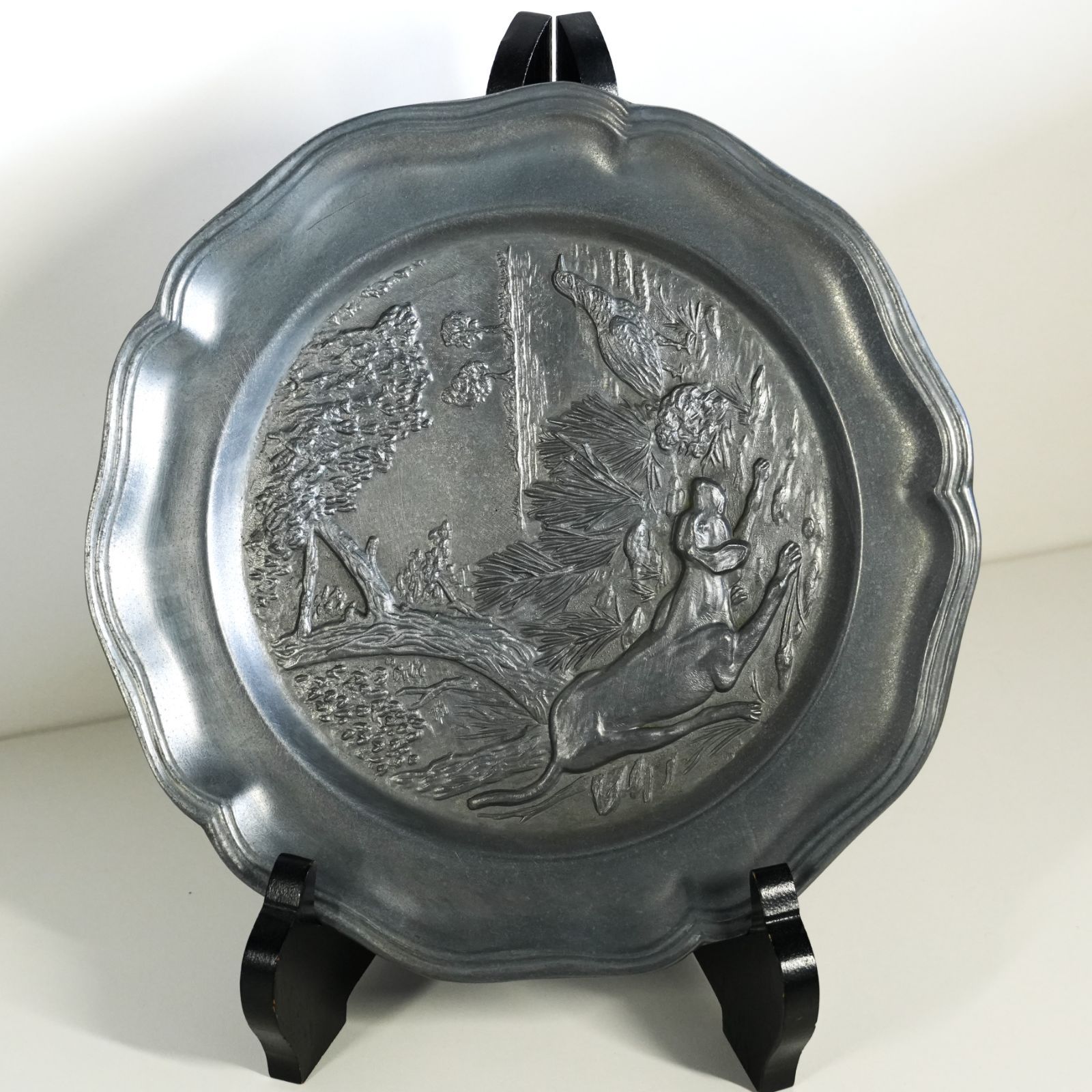 IM] ピュータープレート フランスアンティーク 花リム 皿 現状品