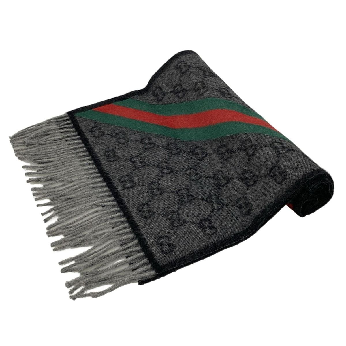 GUCCI(グッチ) マフラー美品 - ダークグレー×黒×マルチ GG柄/シェリー