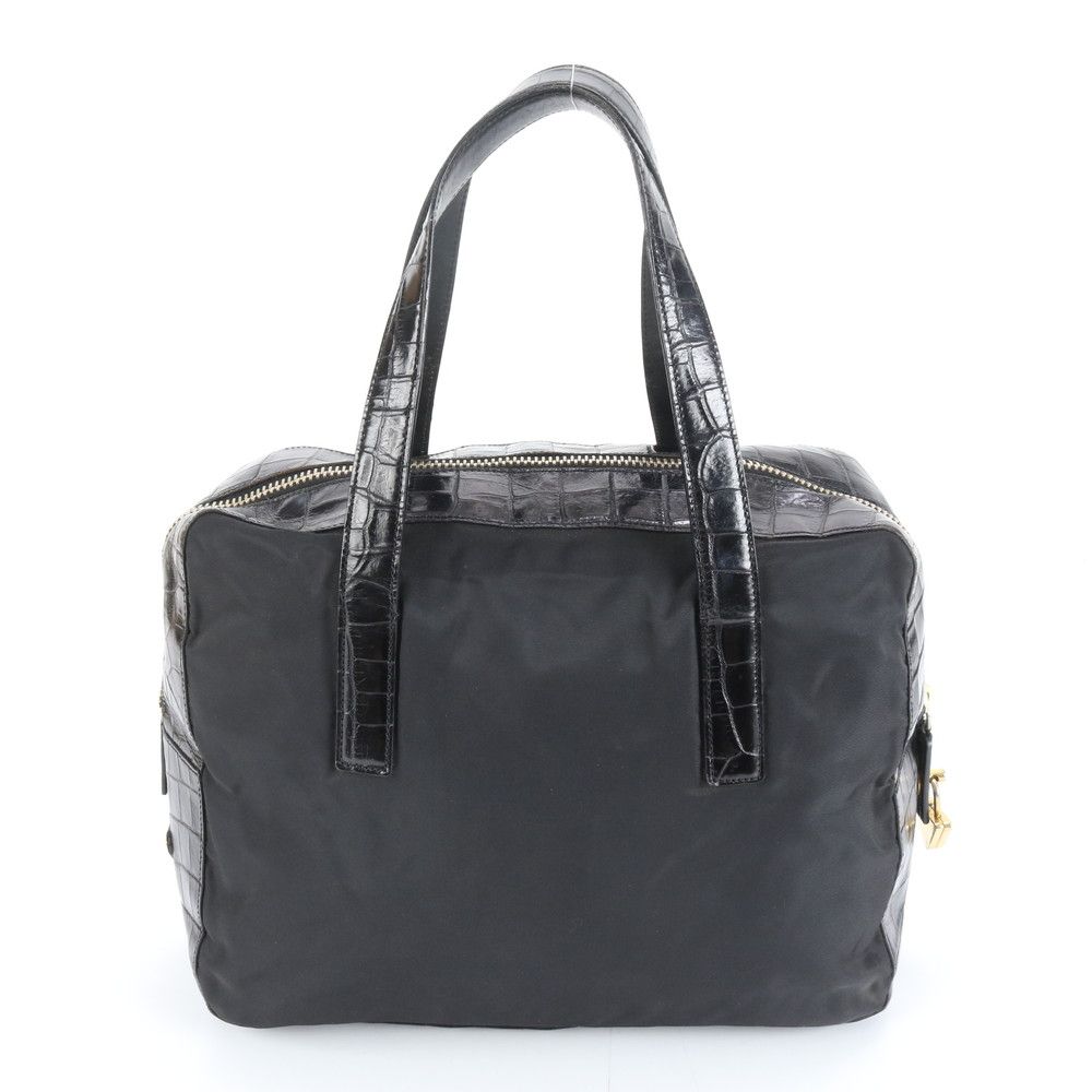 美品 プラダ テスート ナイロン クロコダイル エンボス レザー トート