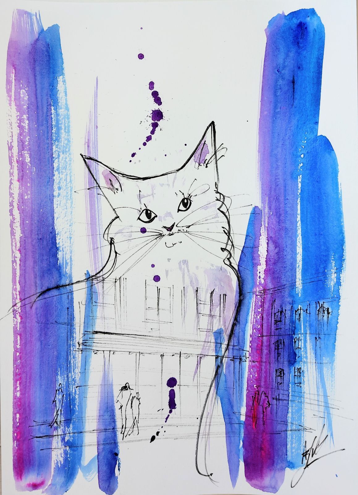 原画#284 猫 パリ フランス 水彩画 ドローイング インテリア アート