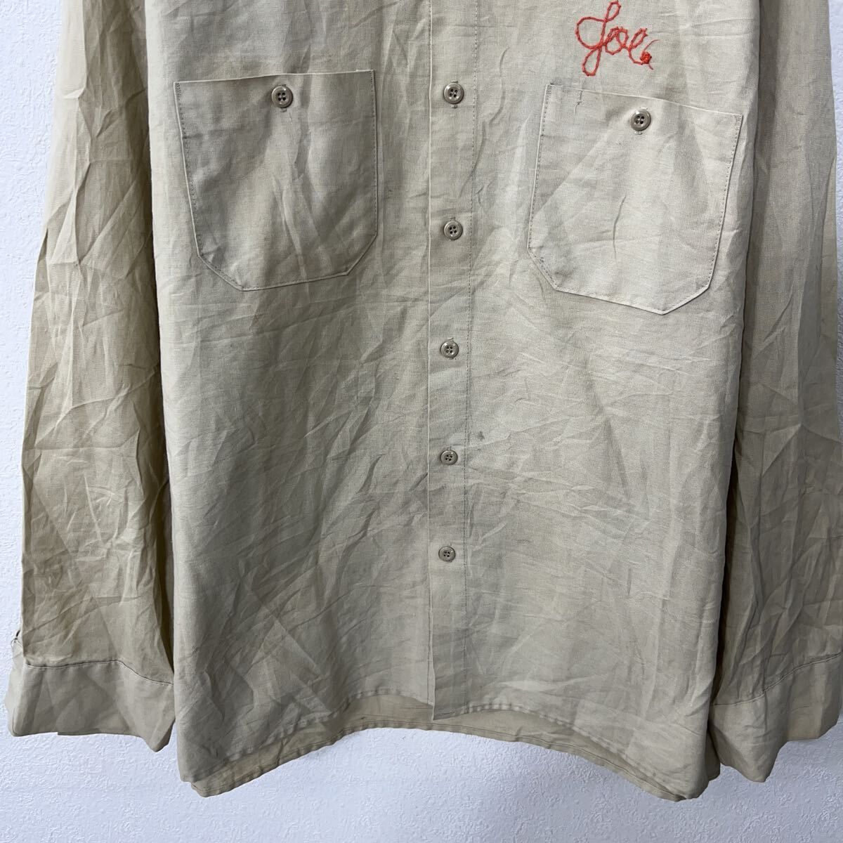 USA製 Perfect 長袖 ワークシャツ L ベージュ ボタン ロゴ 刺繍