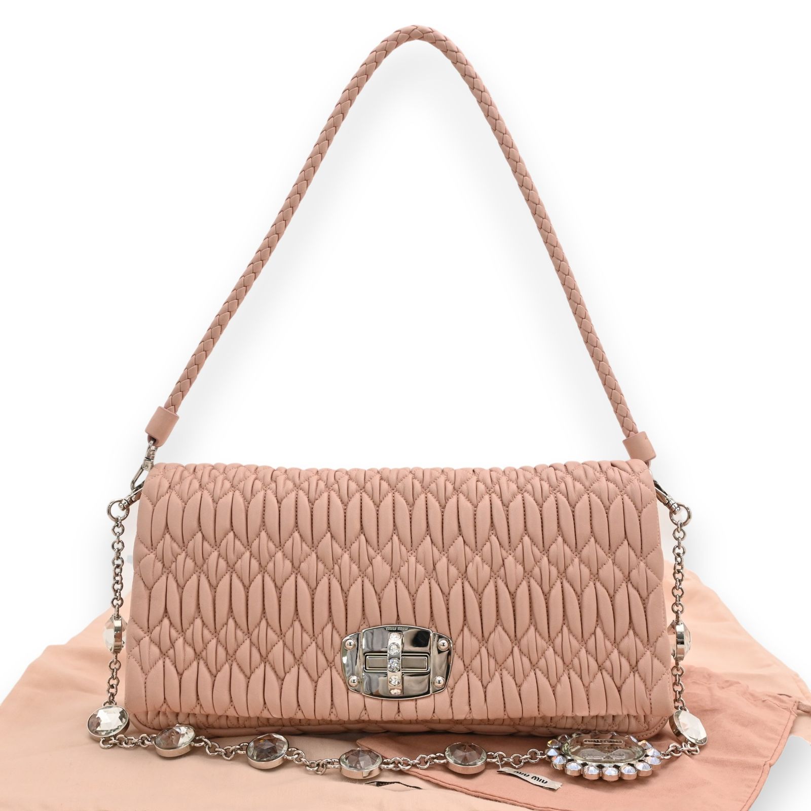 miumiu ハンドバッグ ナッパクリスタルマトラッセ miumiuナッパクリスタル♪ミニトートバッグ2way♪ピンク 白 (MiuMiu