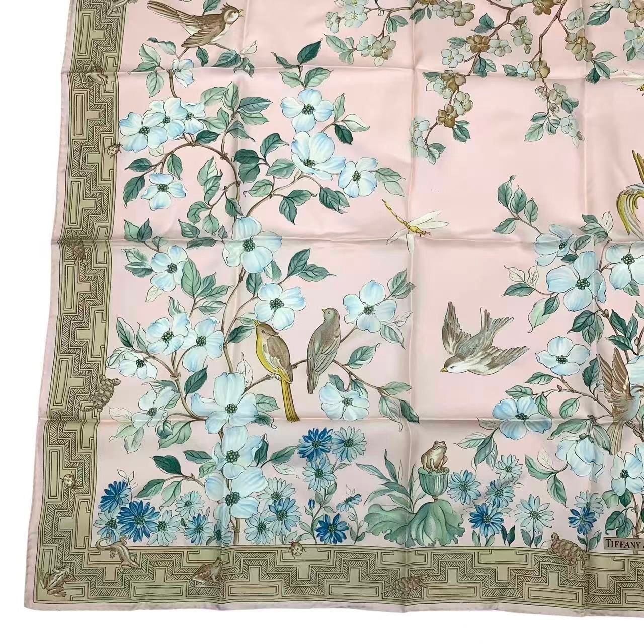 極美品 TIFFANY&CO ティファニー スカーフ シルク 花柄 鳥柄 ピンク