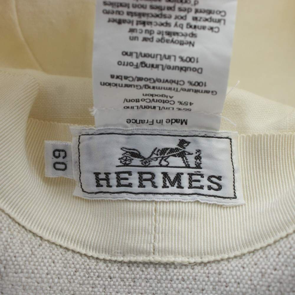 エルメス HERMES 帽子 ハット 麻 リネン やぎ革 レザー リボン バイ