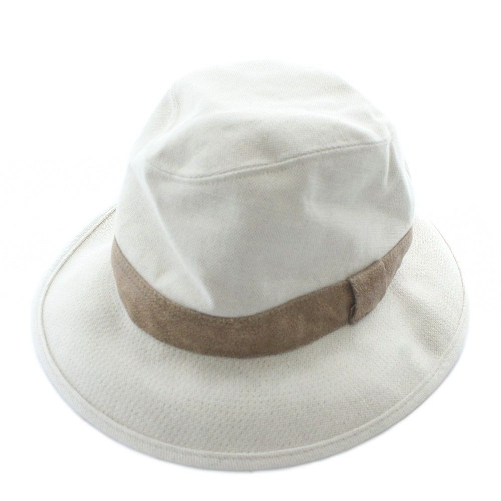 HERMES ハット 帽子 リボン レザー エルメス HERMES 帽子 ハット 麻 リネン やぎ革 レザー リボン バイ