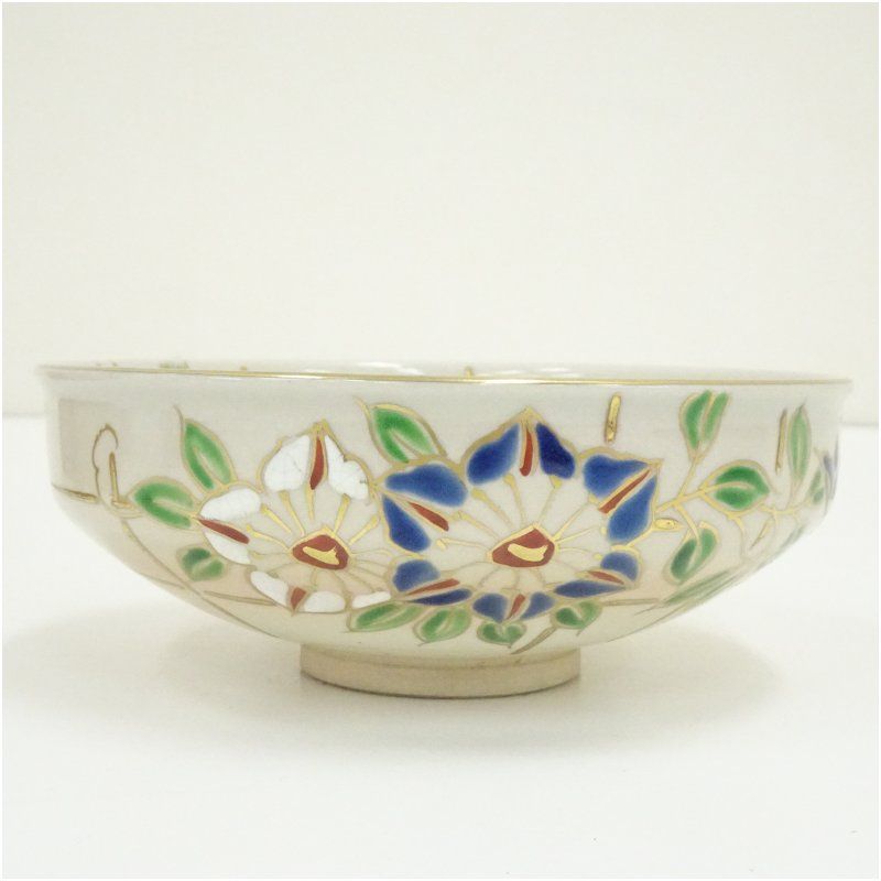 京焼 橋本紫雲造 色絵鉄線文茶碗（共箱） 茶道 抹茶 おしゃれ 抹茶茶碗