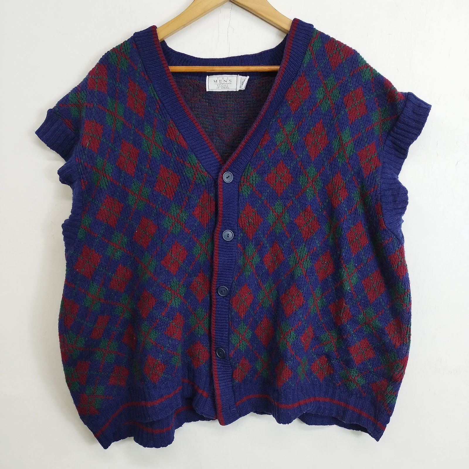 ヴィンテージ　ニットベスト　紺　総柄　裏地　デザイン　古着　レトロ vintage ニットベスト 紺 総柄 裏地 デザイン ビンテージ 古着 レトロ