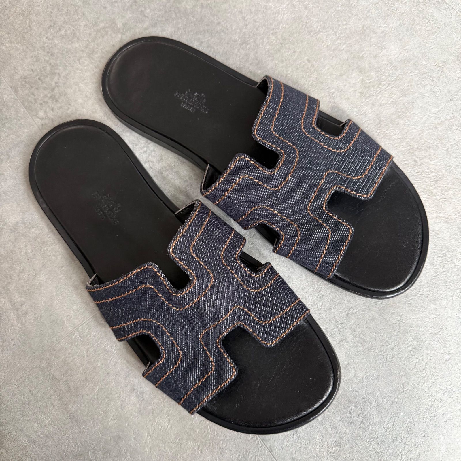 希少 HERMES エルメス デニム レザー サンダル Hロゴ ステッチ 42 1/2