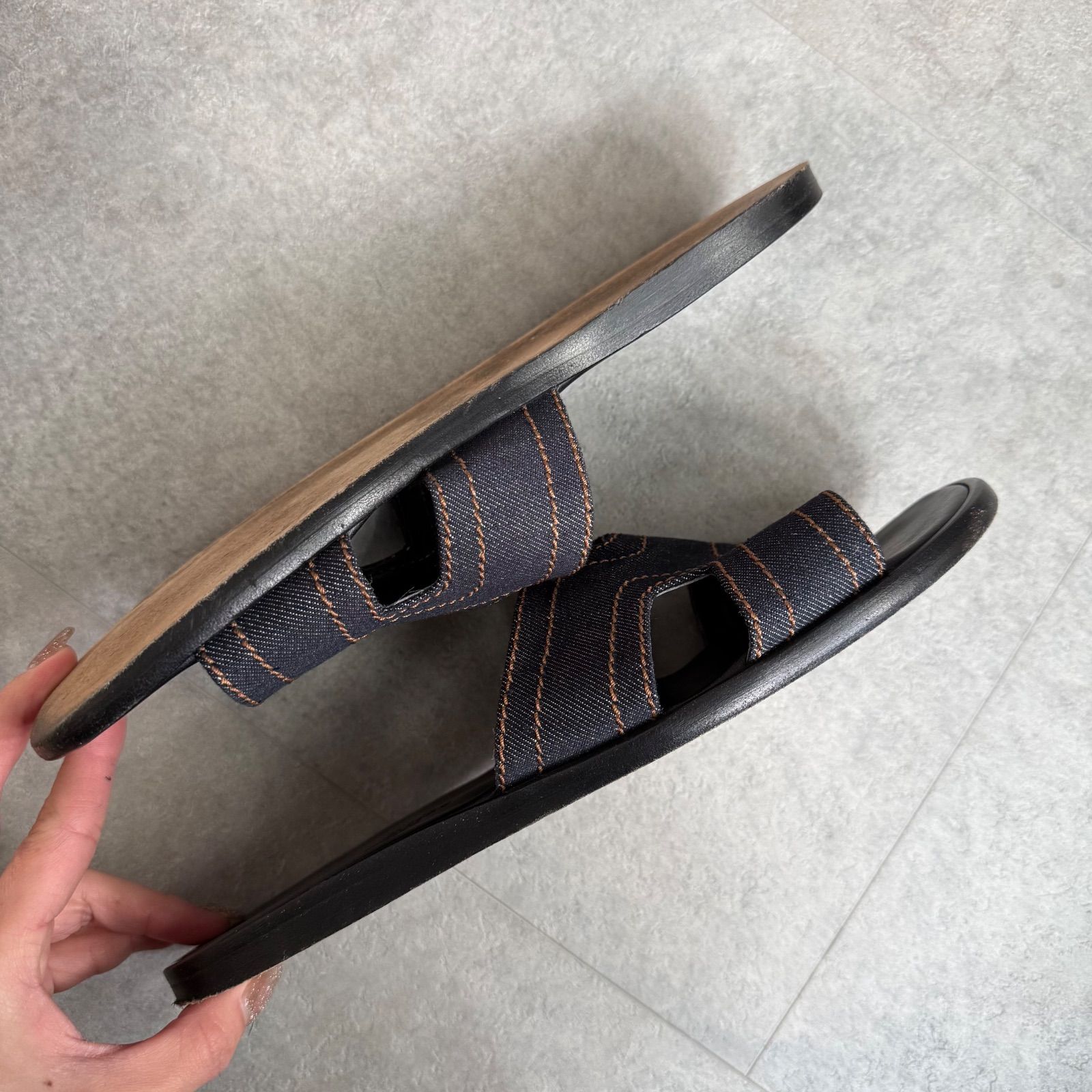 希少 HERMES エルメス デニム レザー サンダル Hロゴ ステッチ 42 1/2 