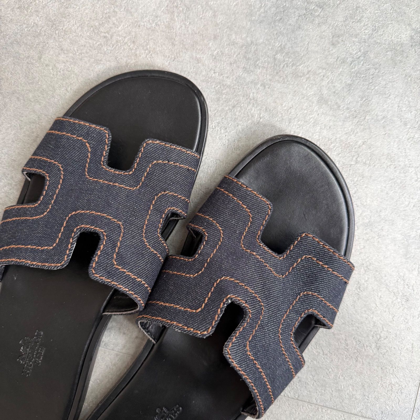 希少 HERMES エルメス デニム レザー サンダル Hロゴ ステッチ 42 1/2 