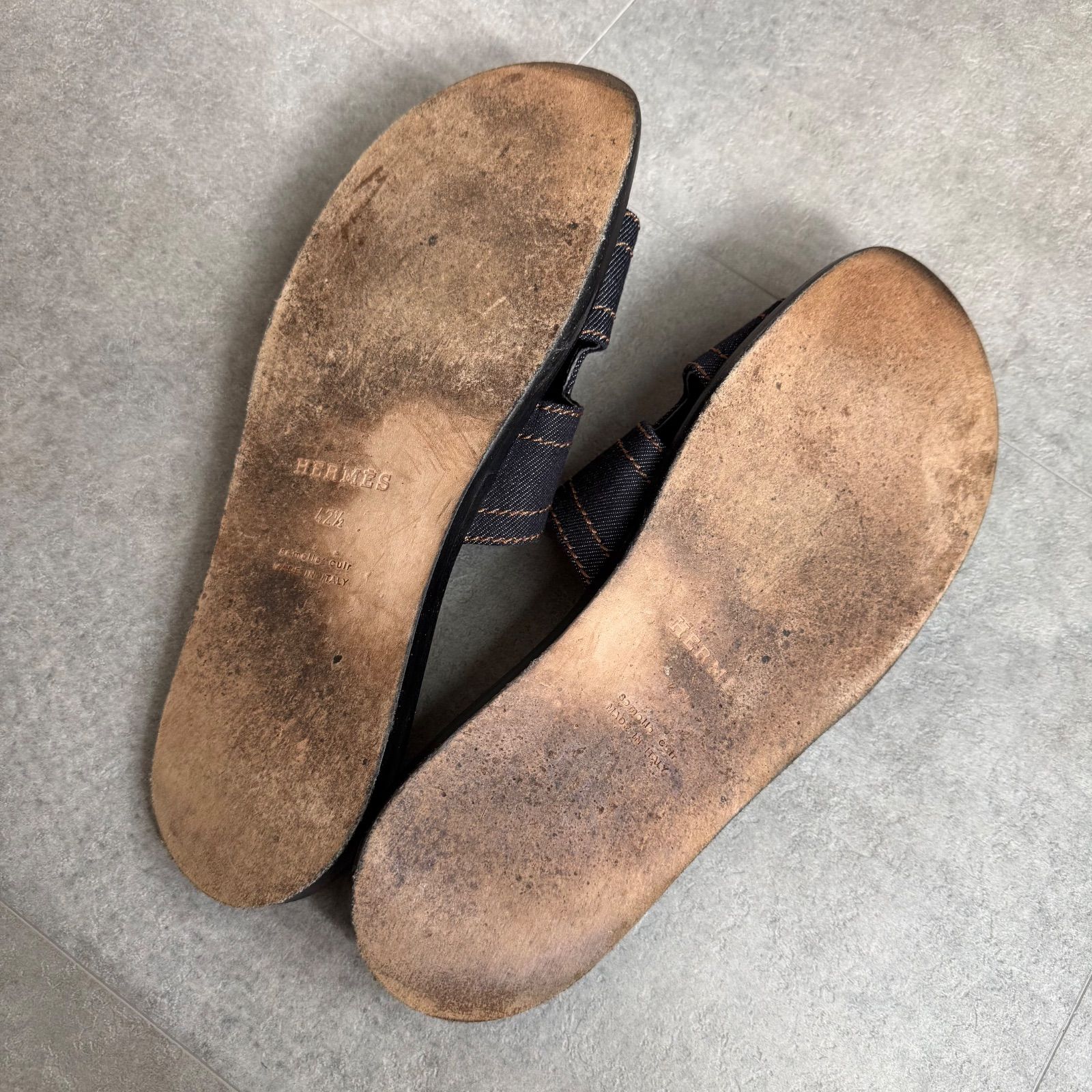 希少 HERMES エルメス デニム レザー サンダル Hロゴ ステッチ 42 1/2 