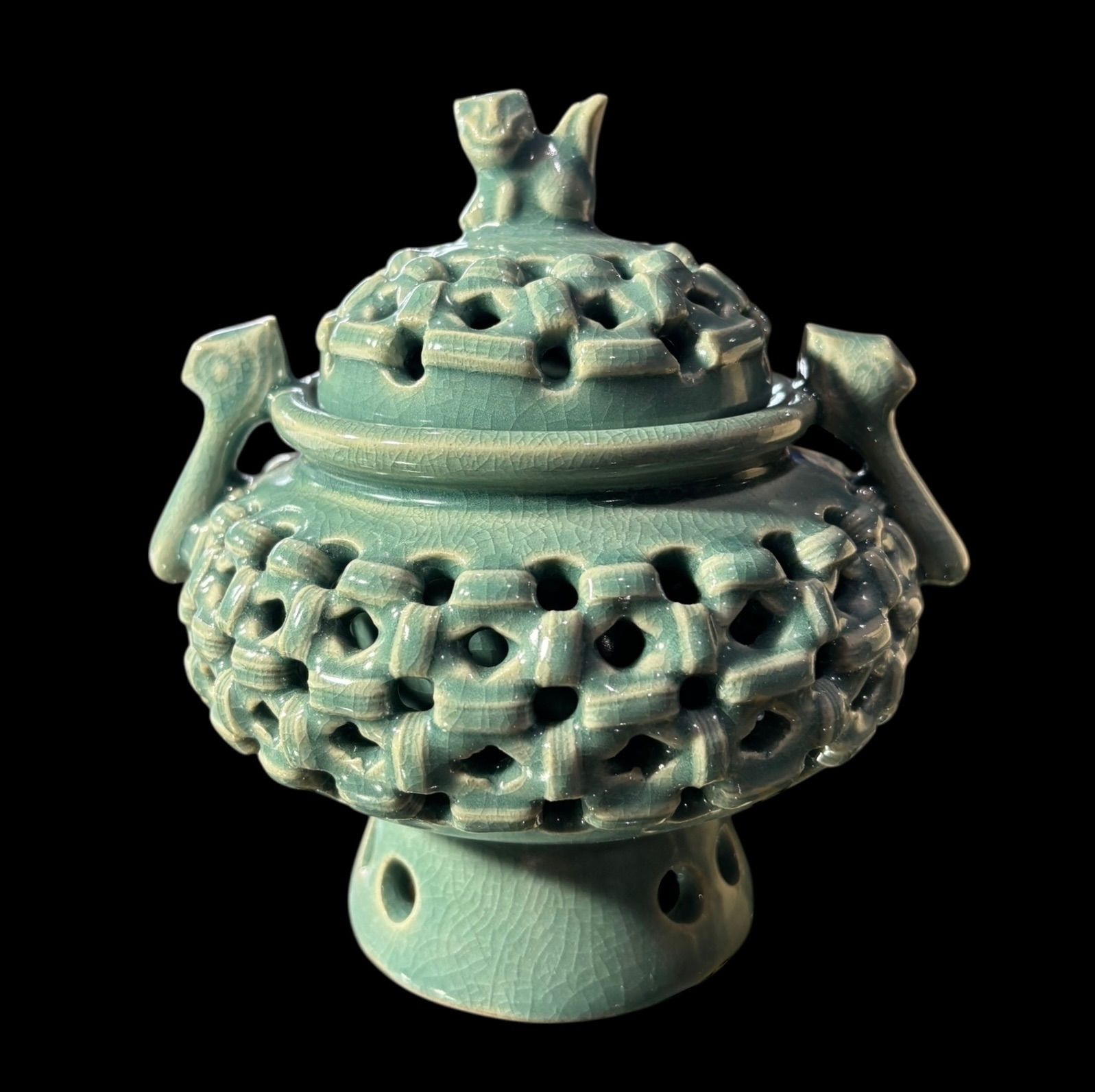 高麗青磁 網目 香炉 光成造 香道具 桐箱 美術品 獅子 インテリア 置物