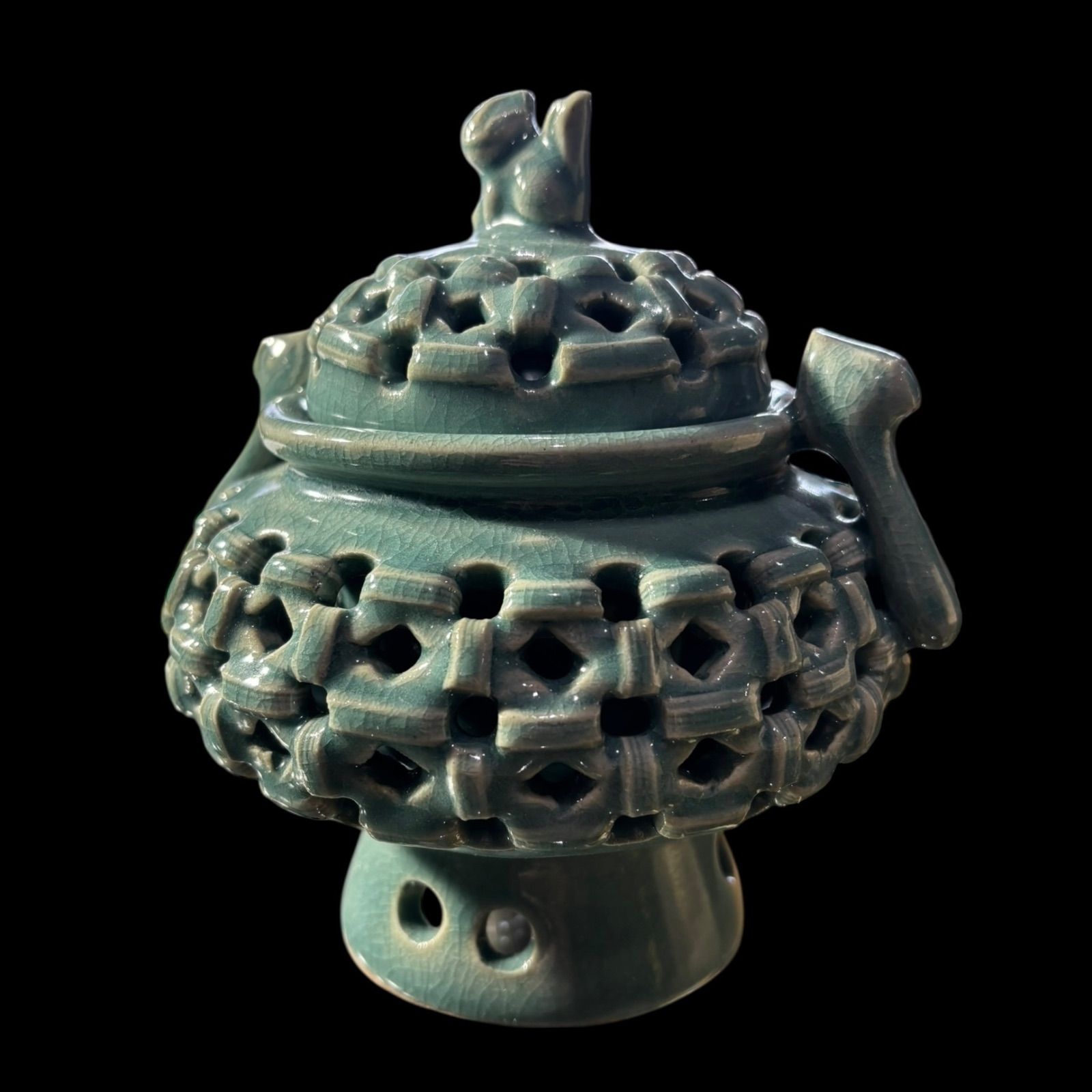 高麗青磁 網目 香炉 光成造 香道具 桐箱 美術品 獅子 インテリア 置物