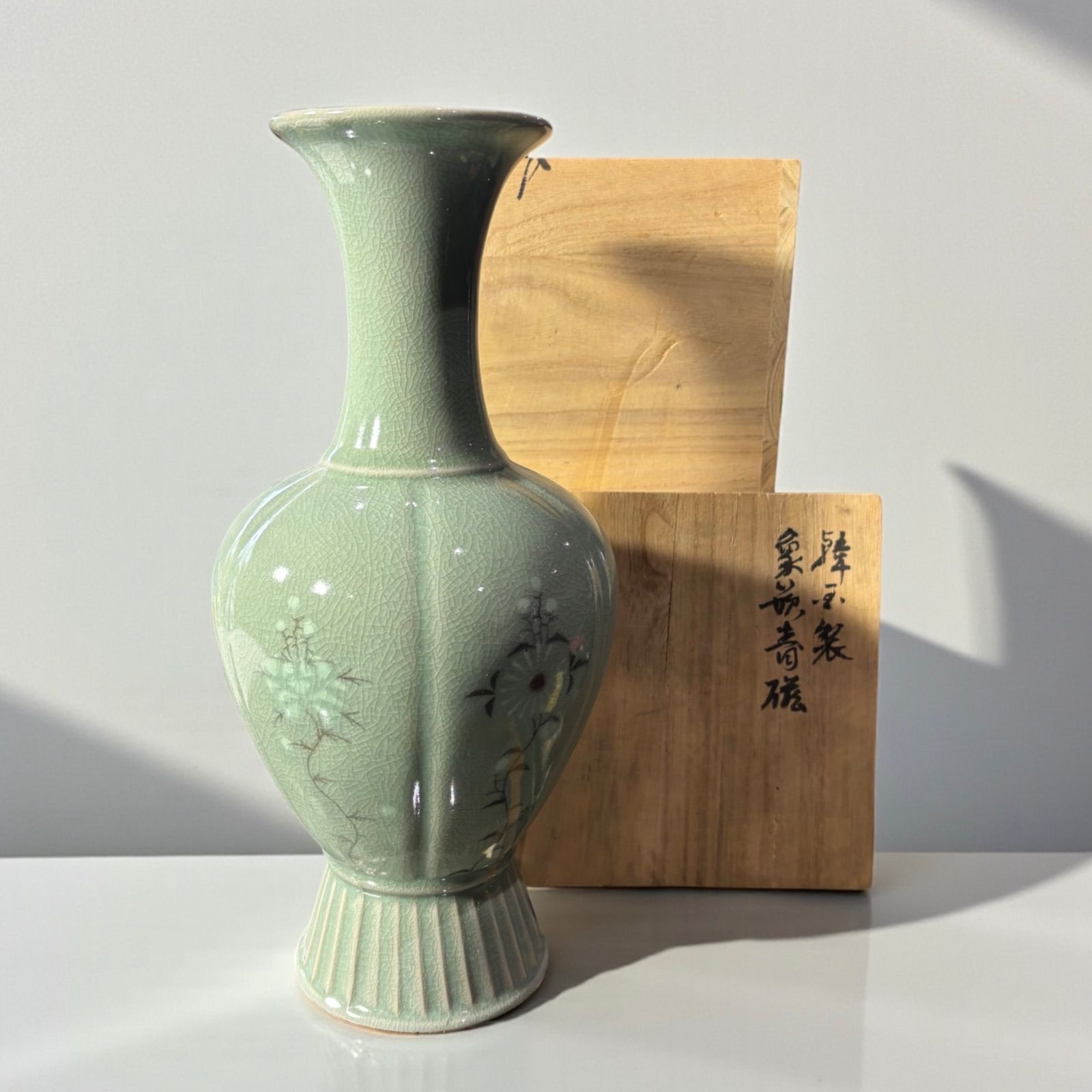 高麗青磁 象嵌 蛍堂 花瓶 フラワーベース 桐箱 花器 陶器 置物 韓国