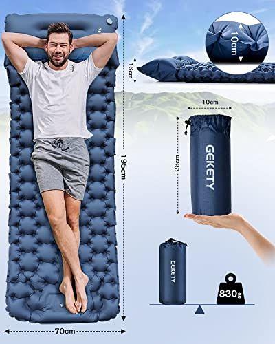 GEKETY エアーマット キャンプ マット 約10 CM厚さ 足踏み式 無限 枕付き エアマット アウトドア 車中泊 防災 来客用 テント キャンプ用品 厚手 防水防潮 マットレス 軽量 コンパクト 持ち運び簡単 簡単収納 収納袋付き