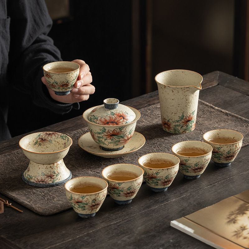 石　中国茶器セット　未使用 新品未使用】青花火石赤釉上彩工夫茶器セット陶磁器提梁壺カップ家庭用