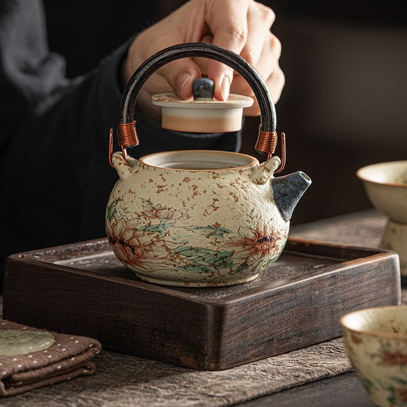 新品未使用】青花火石赤釉上彩工夫茶器セット陶磁器提梁壺カップ家庭用