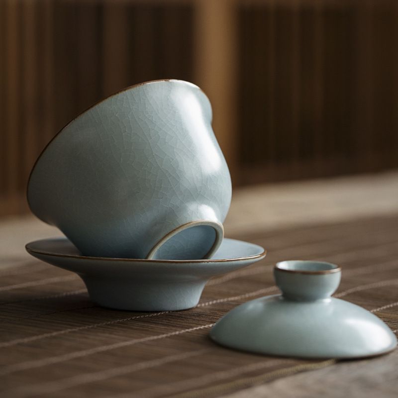 新品未使用】メーカー汝窯蓋碗茶杯陶磁器工夫茶具セット三才碗泡茶開片