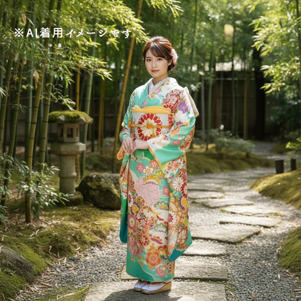 月末SALE！美品　振袖フルセット　レトロポップ　ビタミンカラー　成人式 レトロ ビタミンカラー/黄/オレンジ/赤 梅柄/現代柄 ポップ 個性的