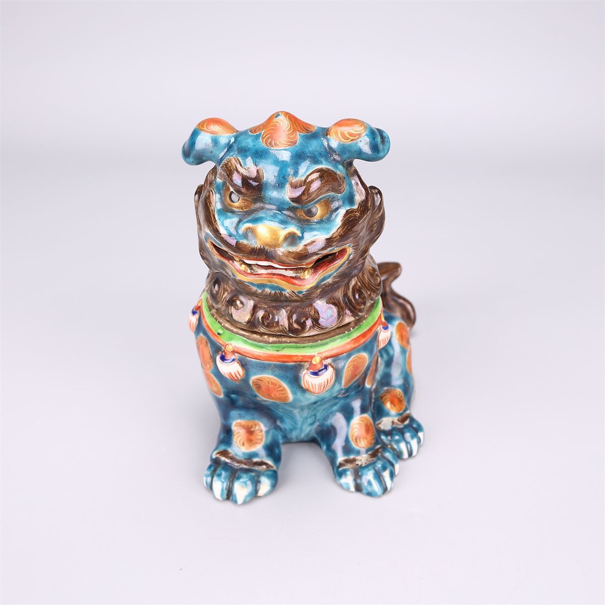 江戸時代 【古九谷焼】 青九谷 獅子 置物 香炉 高15㎝／箱付 美品Y