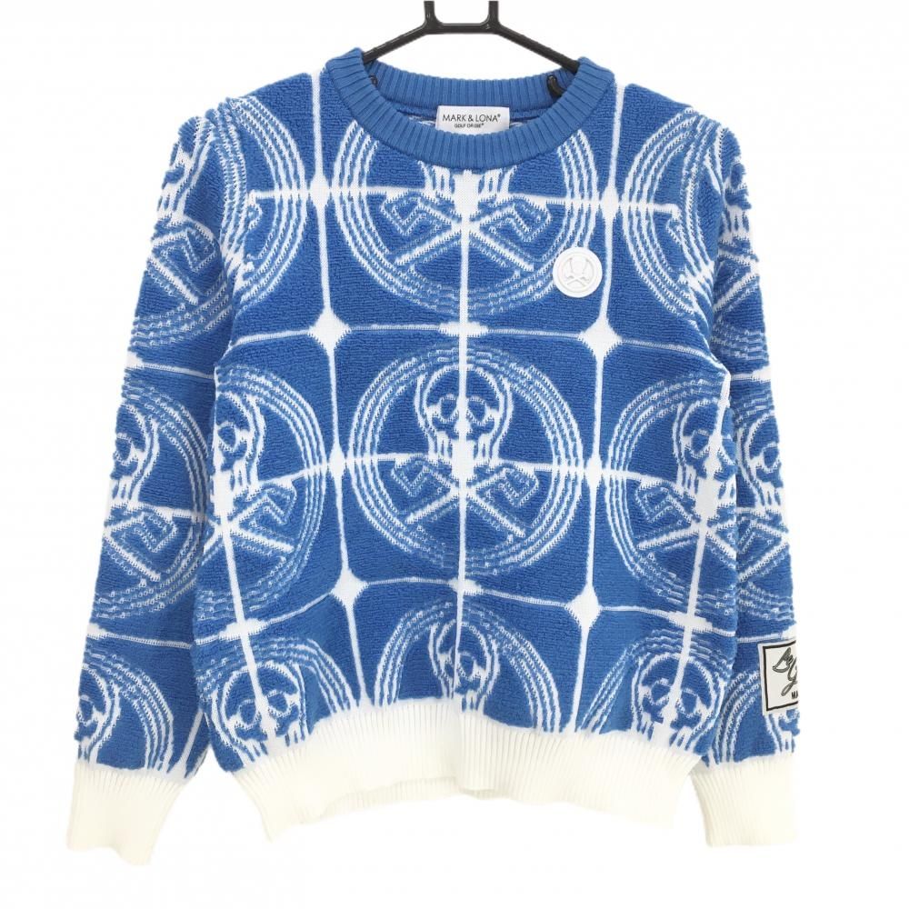 超美品】マークアンドロナ セーター ライトブルー×白 スカル総柄編み