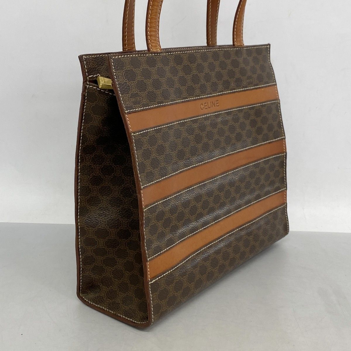 6ad3390-k】セリーヌ トートバッグ マカダム PVC ブラウン ゴールド
