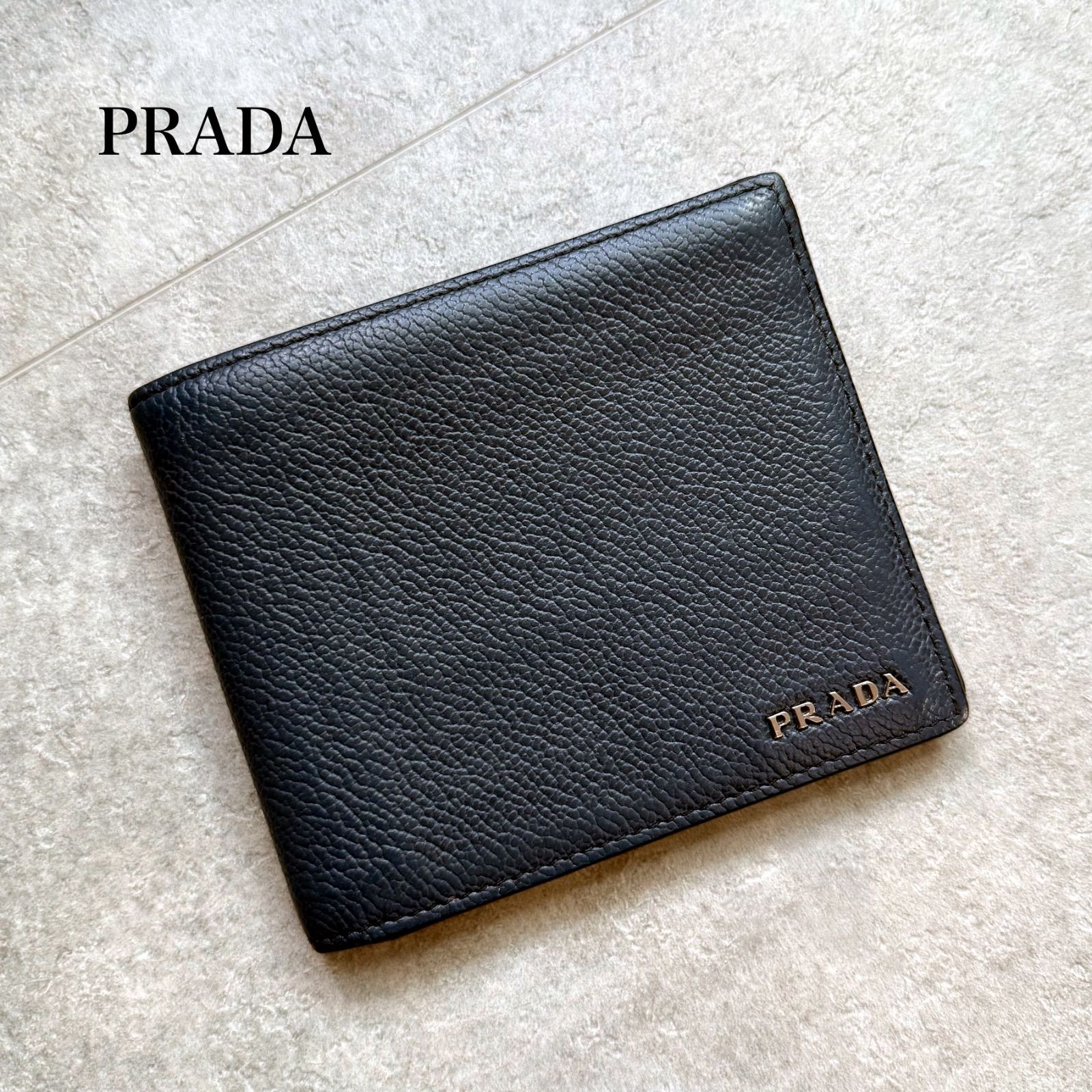 PRADA プラダ 二つ折り財布 シボ革 ネイビー ブラック ロゴ 2つ折り 