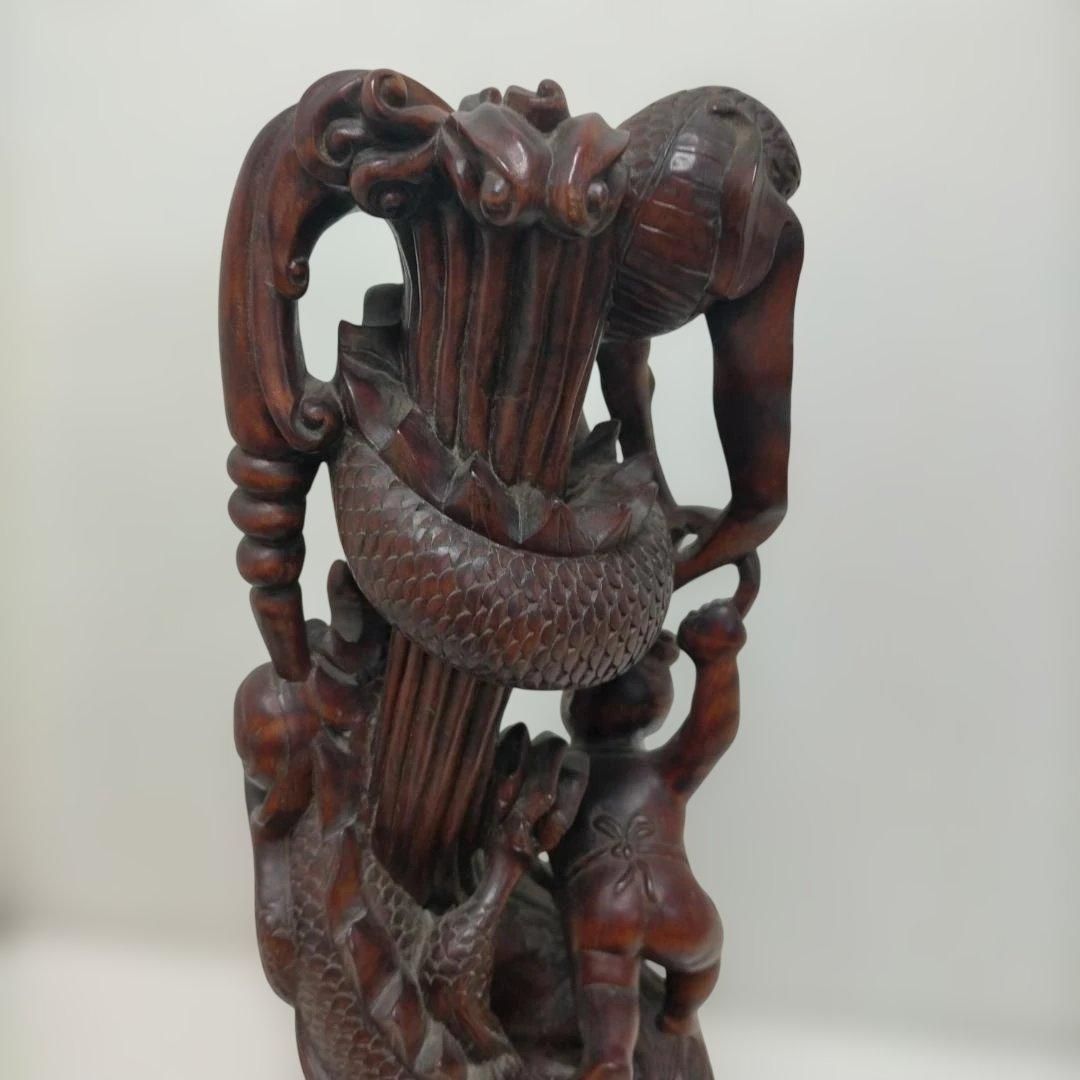 骨董品 木彫 彫刻 童子と龍 立体彫刻 古美術 置物 飾り物 インテリア 和風 中国美術 唐木風 古道具 高さ約45cm 時代物　260113-1T 骨董品 木彫 彫刻 童子と龍 立体彫刻 古美術 置物 飾り物 インテリア